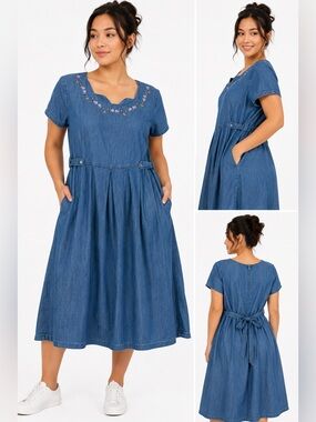 V.I.Petites Denim Midi Dress 14P Floral Embroidered Cotton Jean Dress Church